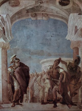 Athena griper tag i Akilles hår för att hindra honom från att dra svärdet mot Agamemnon, fresk av Giovanni Battista Tiepolo