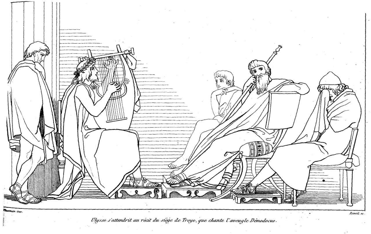 Demodokos sjunger vid fajakernas hov i John Flaxmans illustration till Odysséen