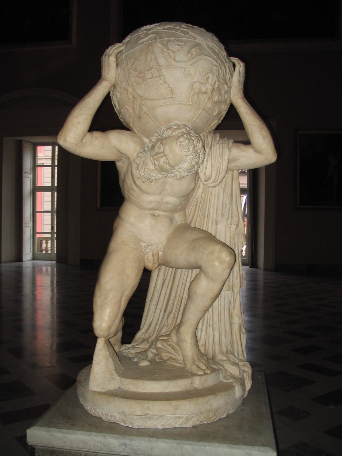 Farnese Atlas bär himmelssfären i en romersk marmorskulptur