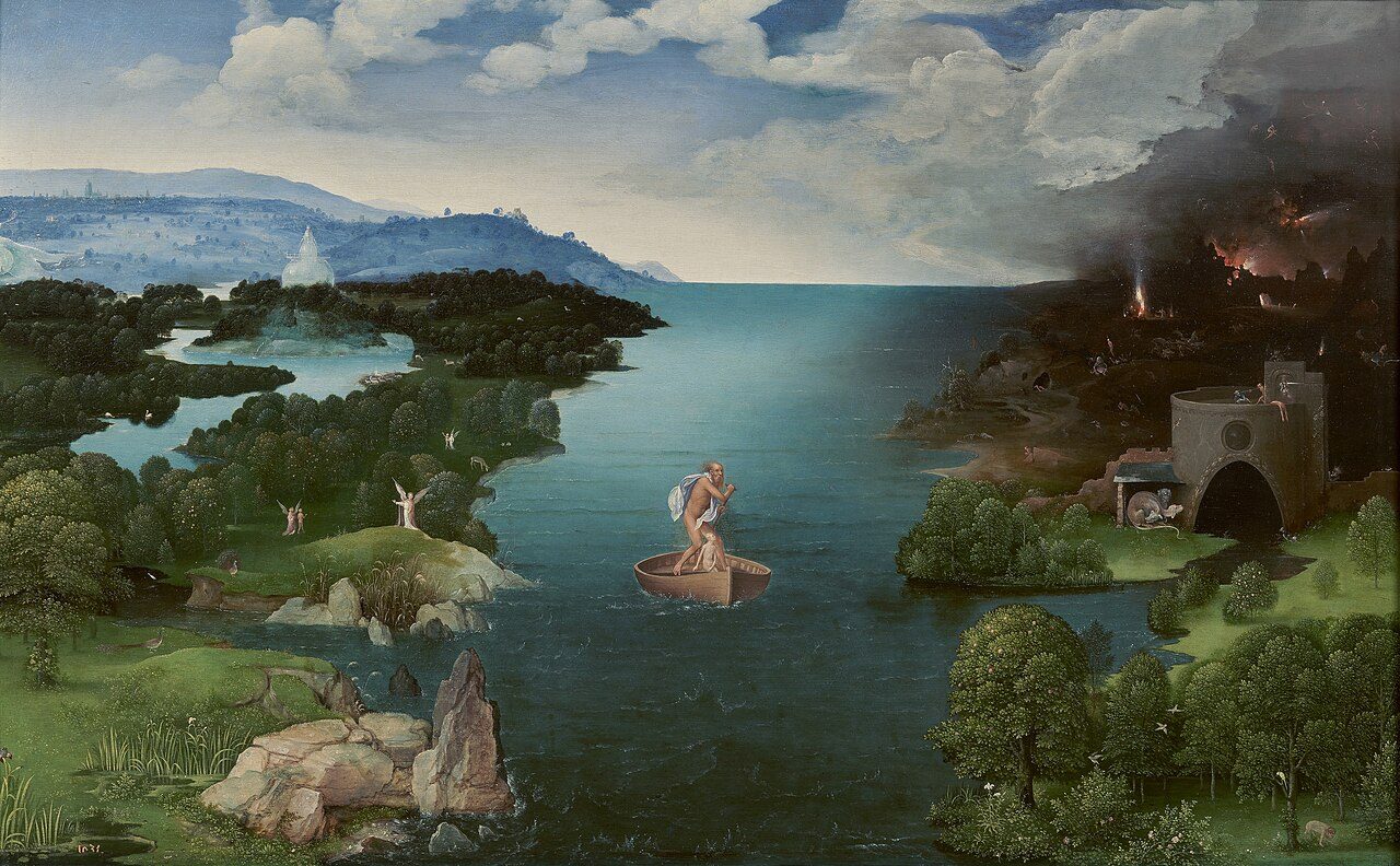 Charon korsar Styx i Joachim Patinirs målning Landscape with Charon Crossing the Styx