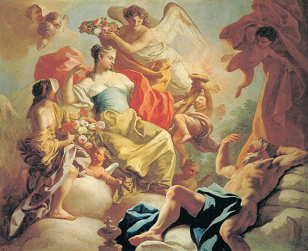 Eos som Aurora med Tithonos i Francesco de Muras målning
