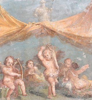 Romersk fresk från Pompeji med flera bevingade eroter som spelar musik
