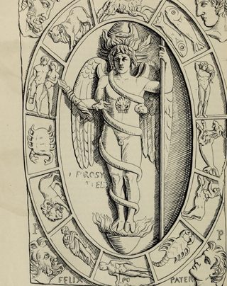 Gravyr av Modenareliefen med den bevingade urguden Fanes omgiven av zodiakens tecken