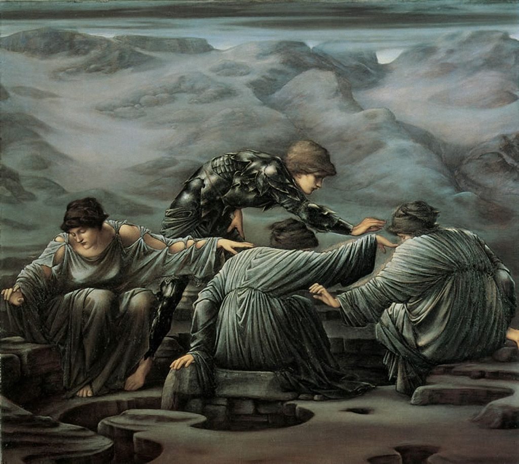 Perseus möter graierna i Edward Burne-Jones målning Perseus and the Graiae