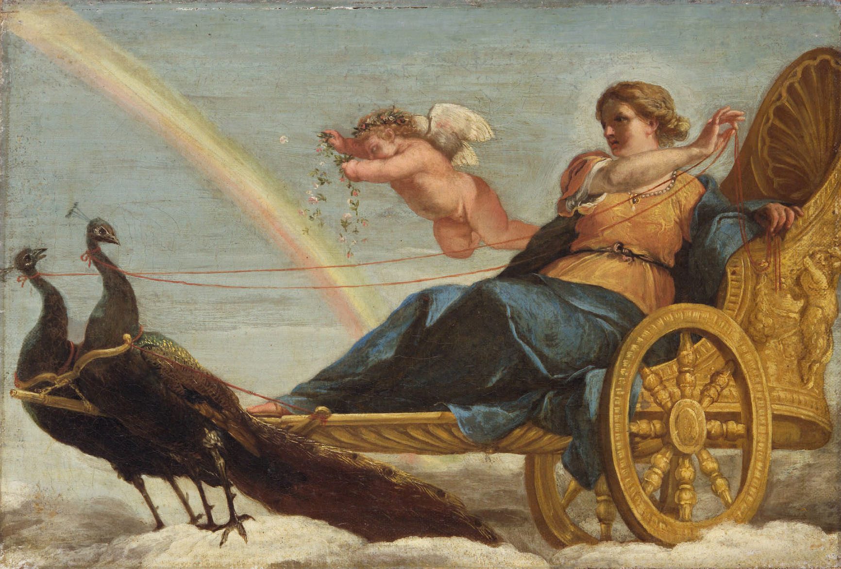 Hera som Juno färdas över molnen i en vagn dragen av påfåglar i Andrea Sacchis målning