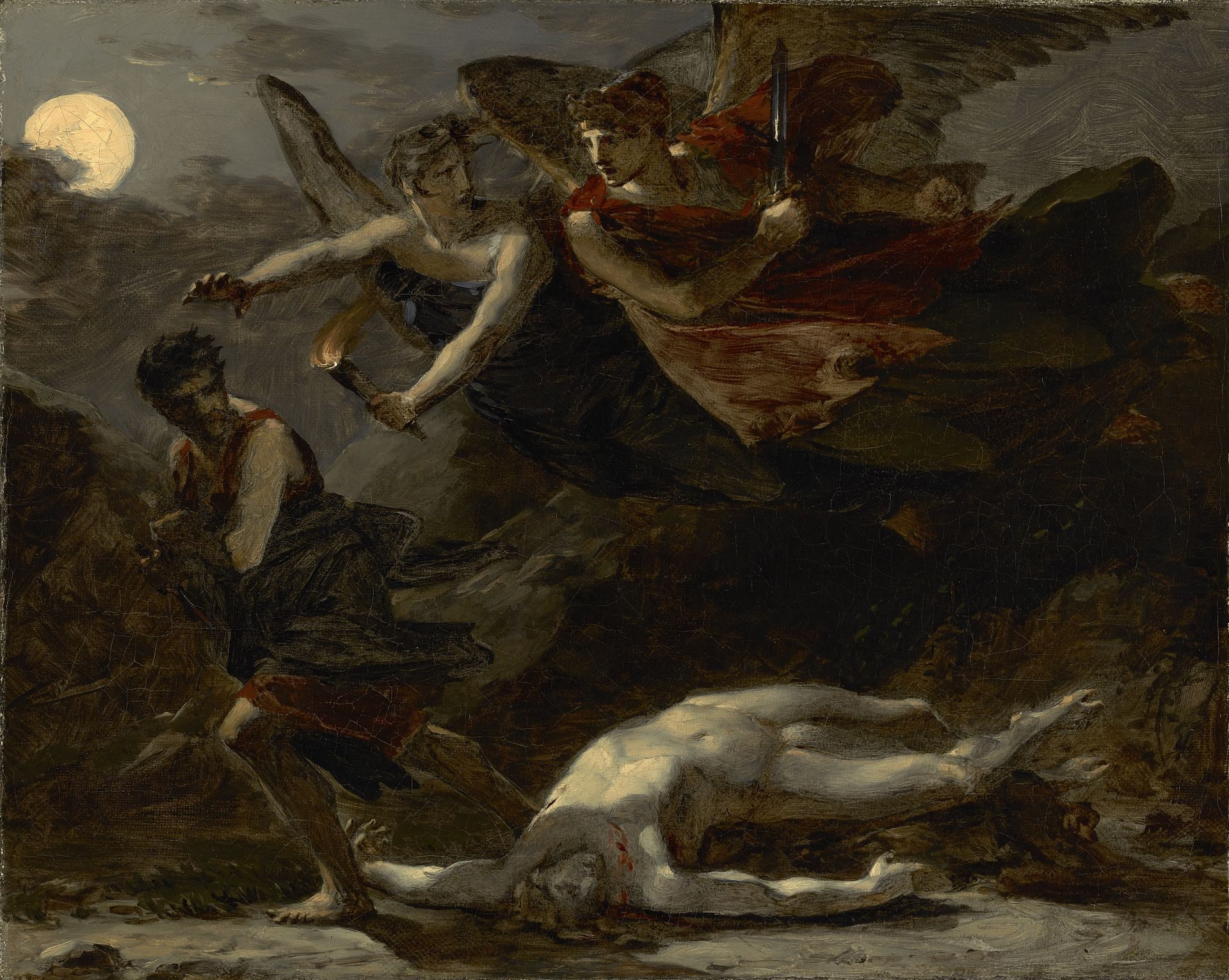 Nemesis och rättvisans gudinna förföljer en mördare i Pierre-Paul Prud'hons målning