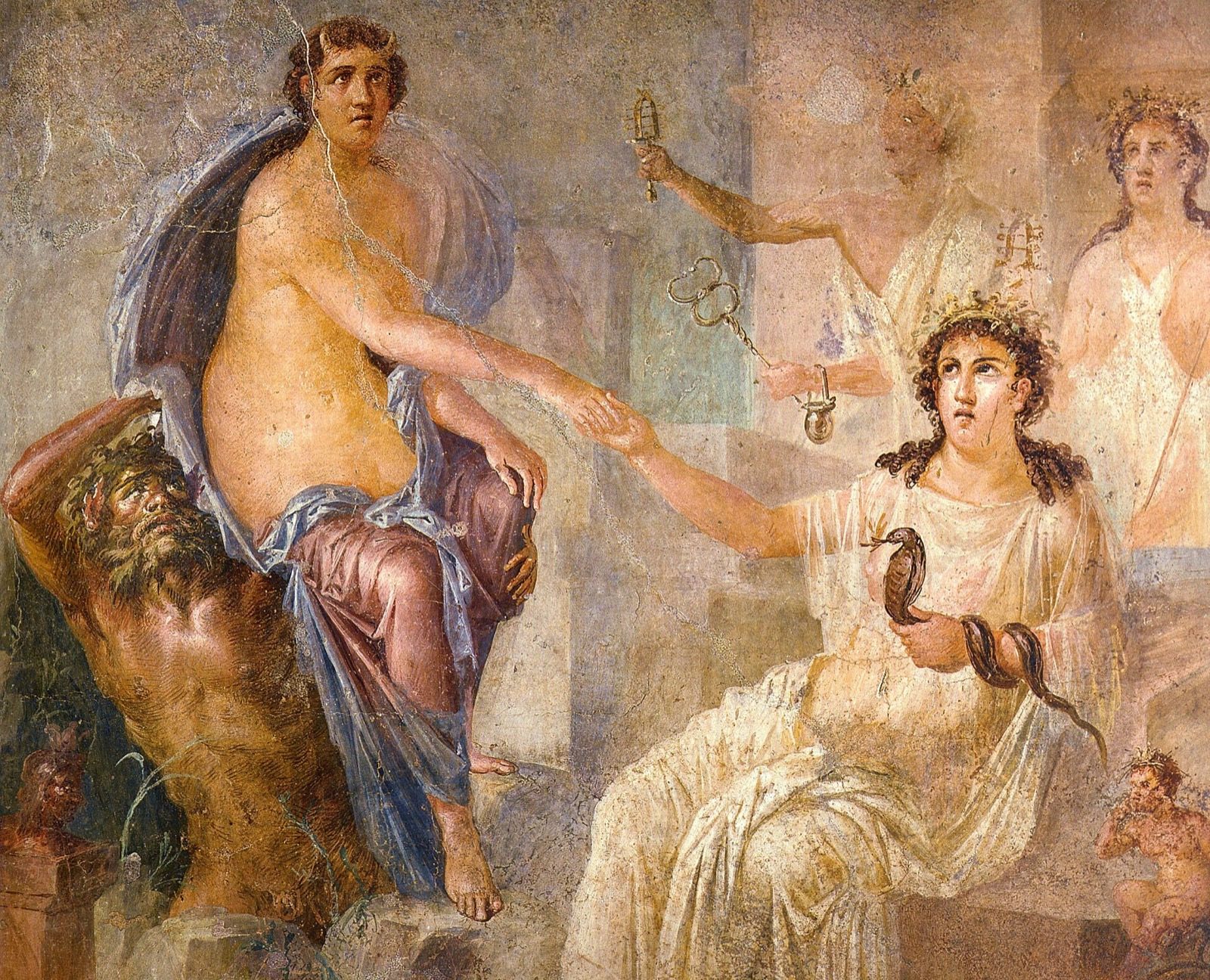 Isis tar emot Io på en romersk fresk från Isistemplet i Pompeji