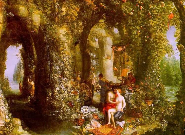 Odysseus och Kalypso i en grotta i Jan Brueghel den äldres målning