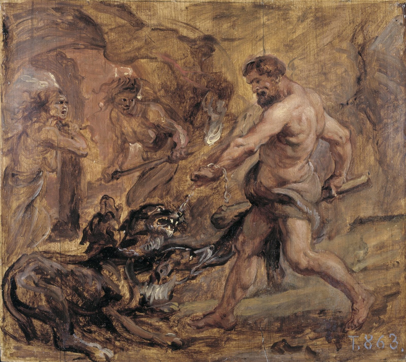 Herakles och Kerberos i Peter Paul Rubens målning Hercules and Cerberus