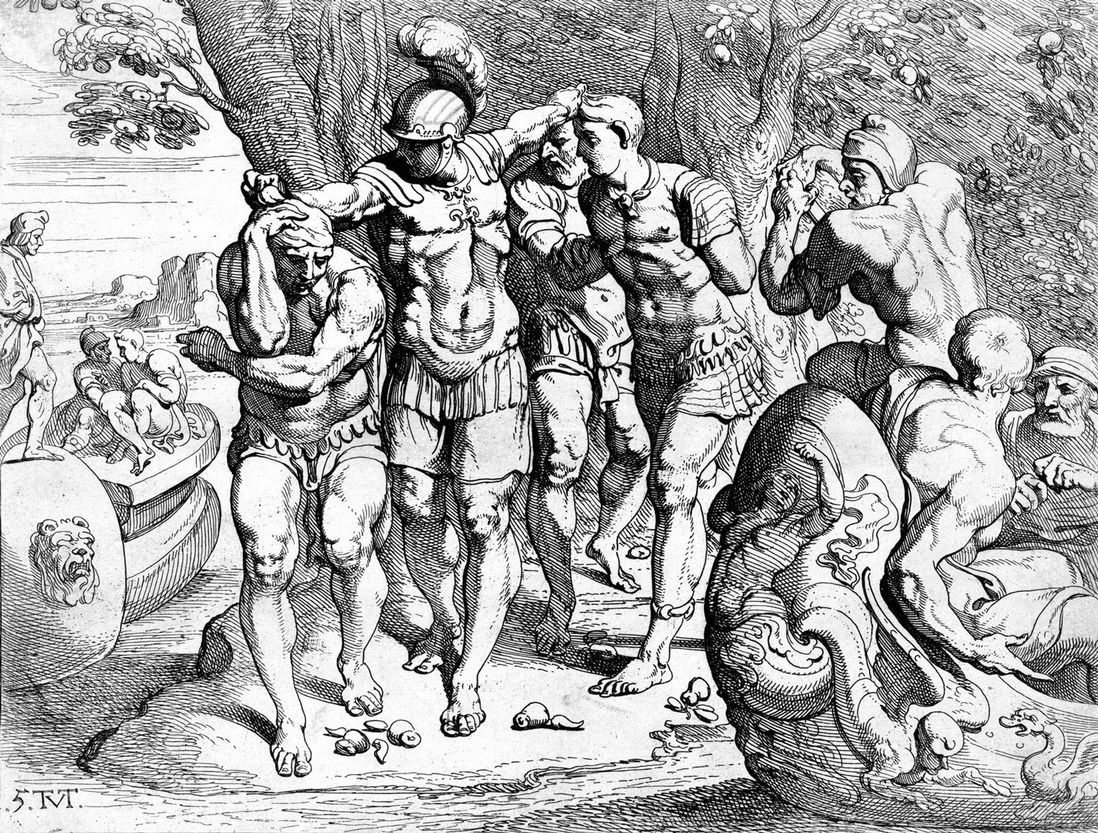 Odysseus på lotofagernas ö i en fransk gravyr från 1600-talet
