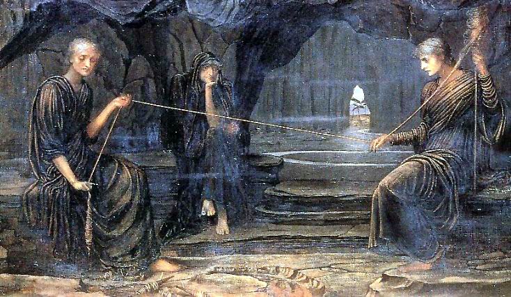 Moirerna spinner livets tråd i John Melhuish Strudwicks målning A Golden Thread
