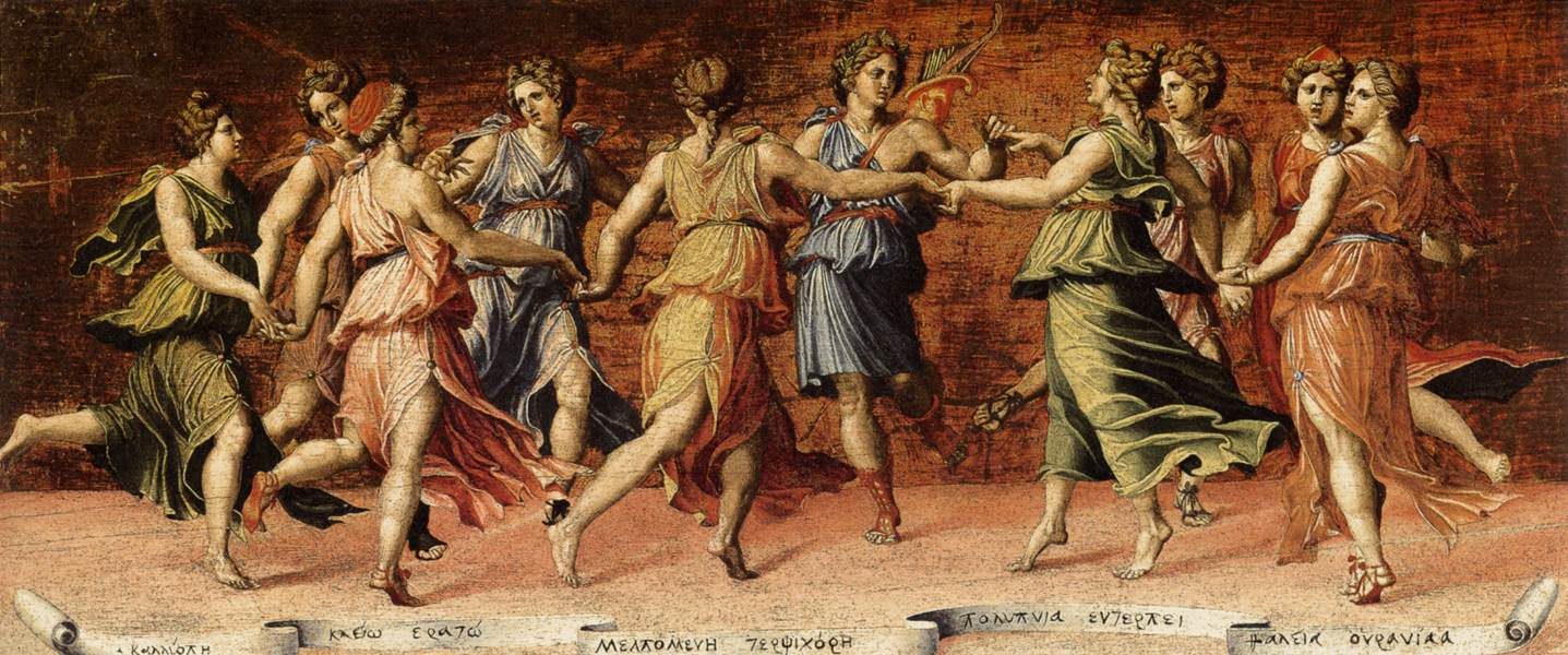 Apollon och muserna i Baldassare Peruzzis målning Apollo and the Muses