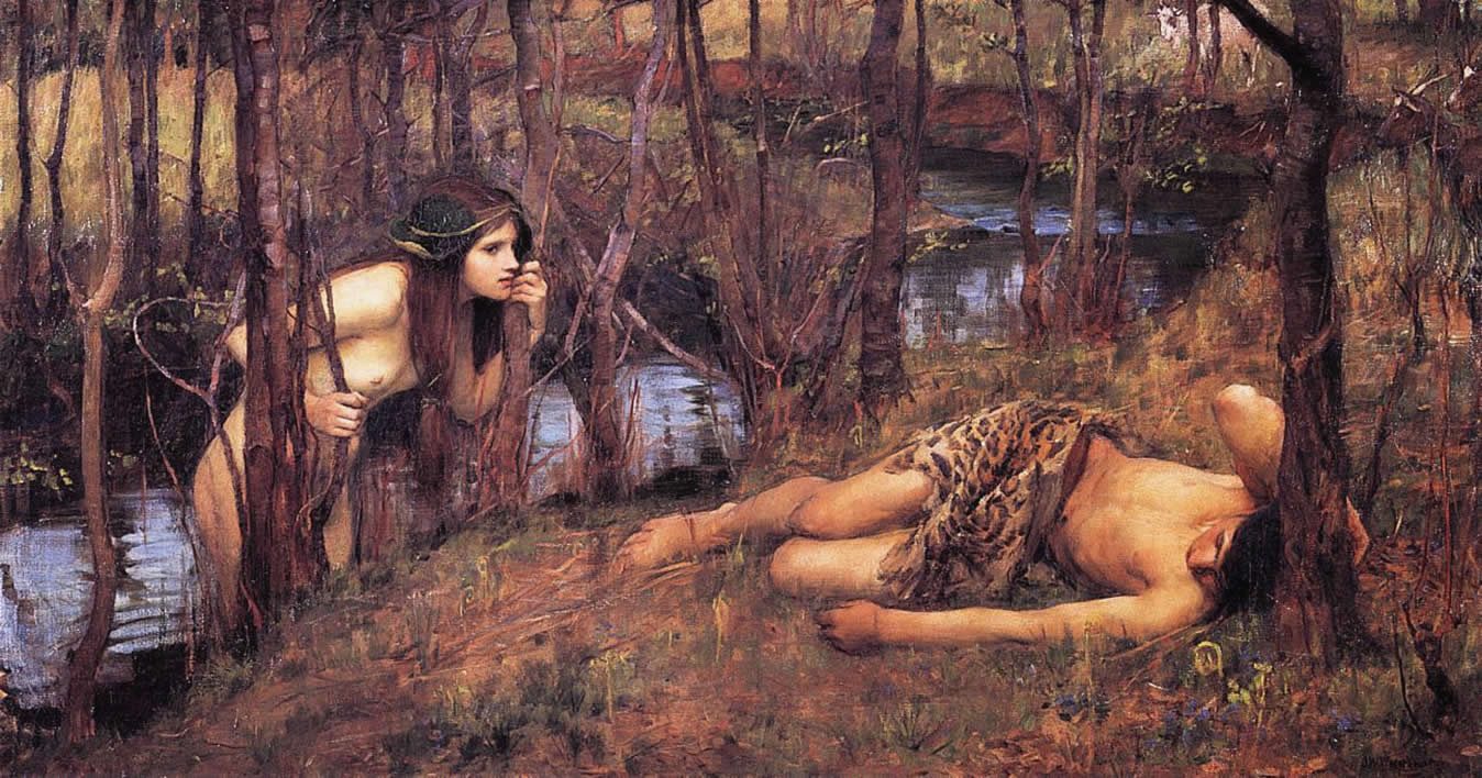 En najad i John William Waterhouses målning A Naiad or Hylas with a Nymph