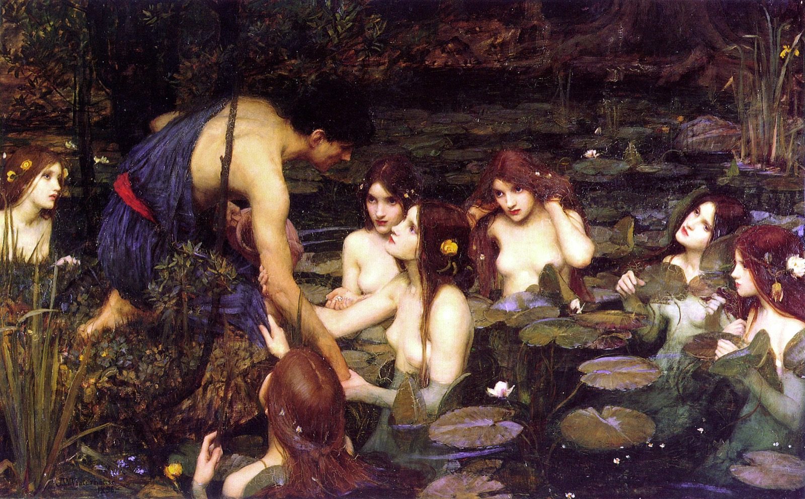 Hylas omgiven av nymfer i John William Waterhouses målning Hylas and the Nymphs