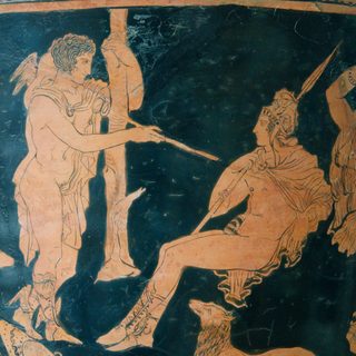 Hermes leder Paris inför Hera, Athena och Afrodite på en lucansk rödfigurig vas