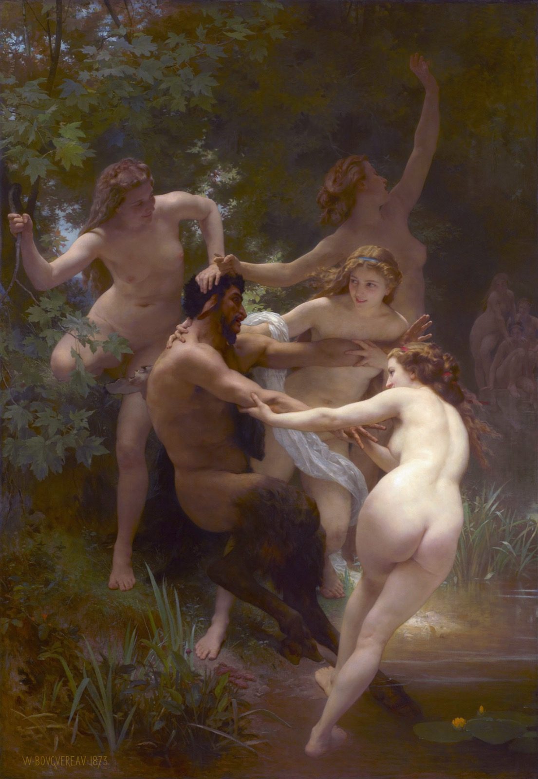 Nymfer och en satyr i William-Adolphe Bouguereaus målning Nymphs and Satyr
