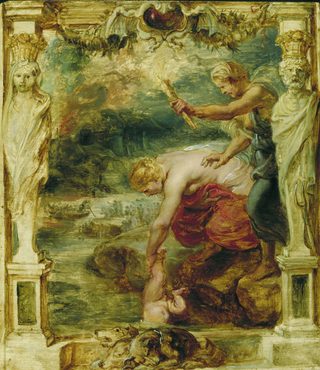 Thetis doppar det nyfödda Akillesbarnet i floden Styx, målning av Peter Paul Rubens