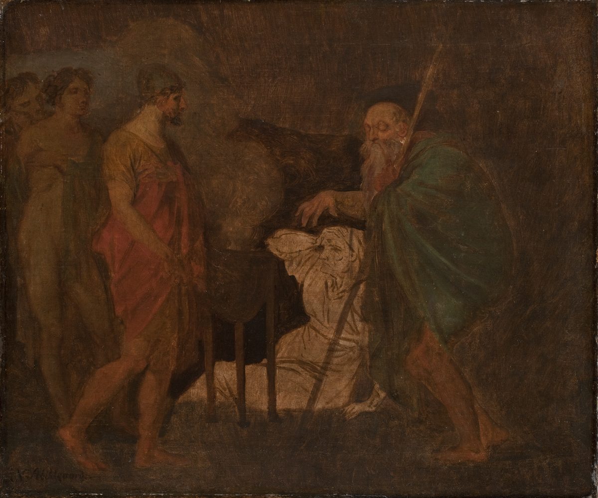 Odysseus rådfrågar Teiresias i underjorden