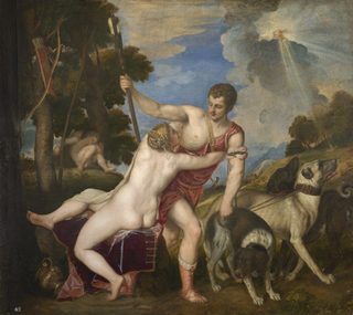 Venus försöker hålla kvar Adonis inför jakten i Tizians målning